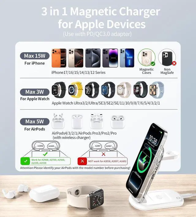 Alt view image 6 of 7 - 3 in 1 Magnetic Wireless Charging Station for Apple Devices | Fast Travel Charger Stand with Night Light for MagSafe-enabled iPhone 17 16 15 14 13 12 Series, Apple Watch/AirPods Pro, WH