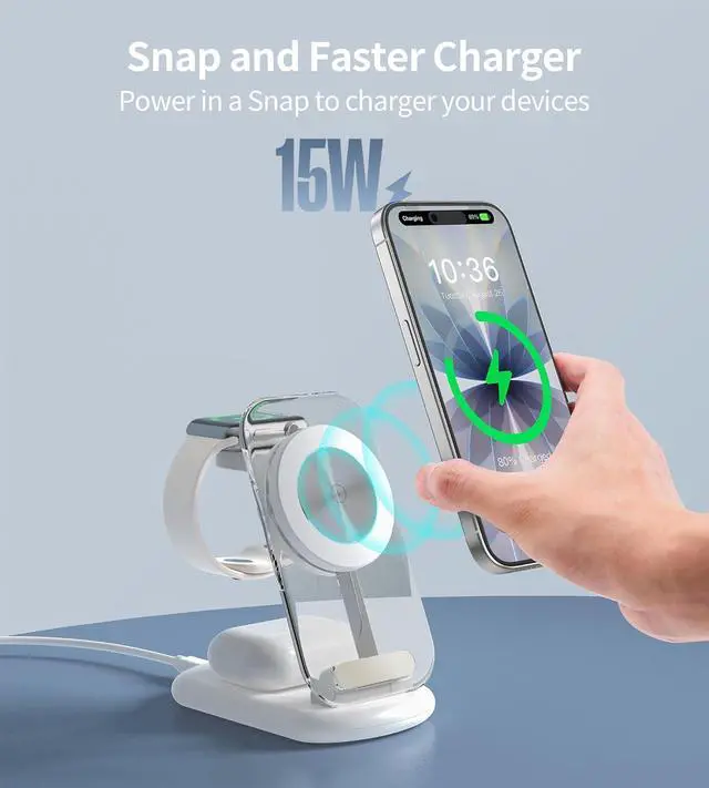 Alt view image 3 of 7 - 3 in 1 Magnetic Wireless Charging Station for Apple Devices | Fast Travel Charger Stand with Night Light for MagSafe-enabled iPhone 17 16 15 14 13 12 Series, Apple Watch/AirPods Pro, WH