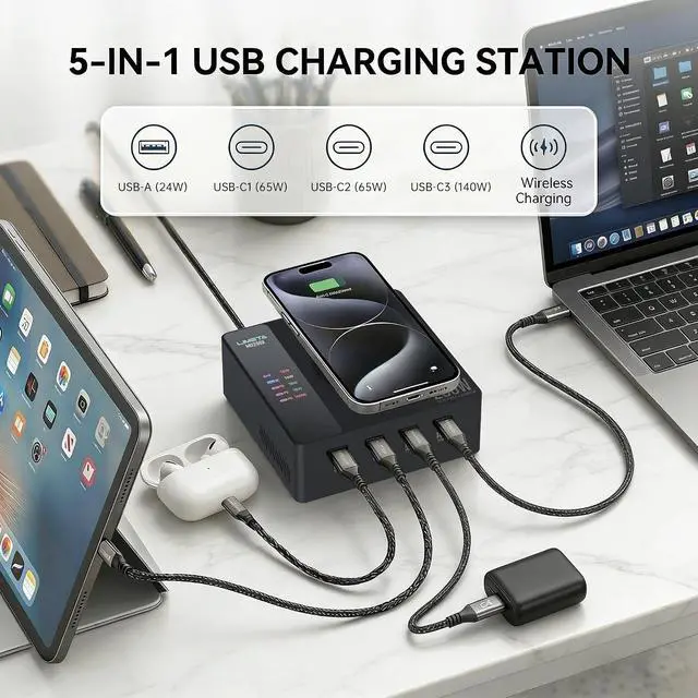 Alt view image 2 of 7 - MD200X 200W Desktop Charging Station, 5-in-1 Smart USB C Charger with 140W PD 3.1 and Wireless Charging Pad for Laptop, Tablet, Phone & Earbuds Home Ofiice