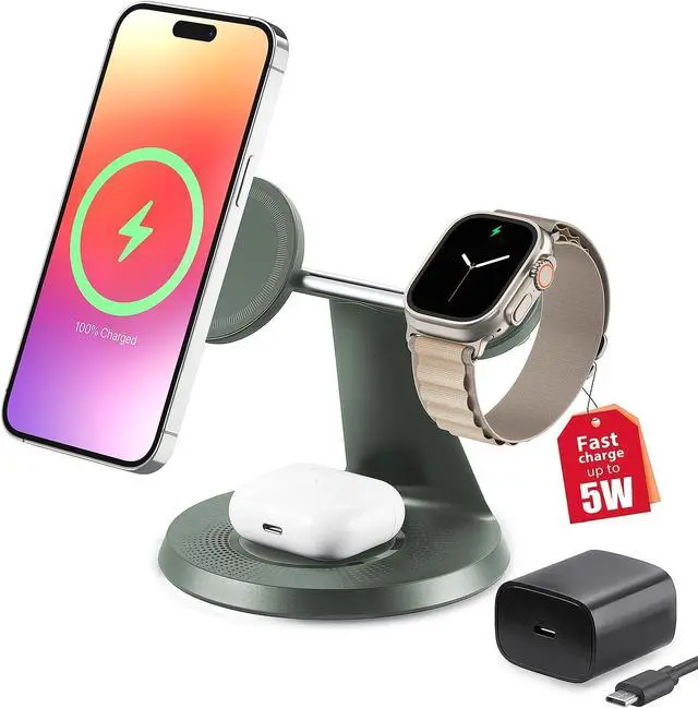 Main image of 3 in 1 Wireless Charging Station for Apple Devices with MagSafe | Charging for iPhone 17/Air/16/15/14/13, AirPods, Apple Watch, Weighted Stable Charging Stand, USB-C Adapter Included