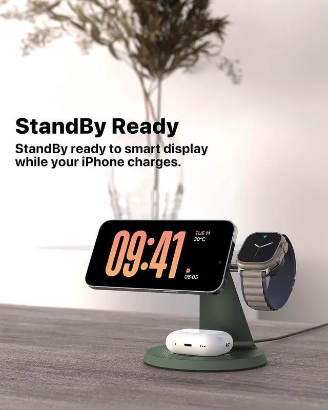 Alt view image 6 of 7 - 3 in 1 Wireless Charging Station for Apple Devices with MagSafe | Charging for iPhone 17/Air/16/15/14/13, AirPods, Apple Watch, Weighted Stable Charging Stand, USB-C Adapter Included