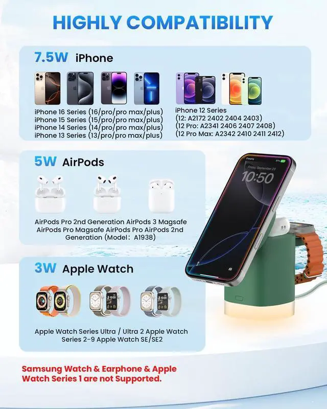 Alt view image 7 of 7 - Wireless Charging Station for Apple Mag-Safe: JoyGeek 3 in 1 Magnetic Foldable Charger Stand for iPhone 16 15 14 13 12 Pro Max Plus - Apple Watch 10 9 8 7 6 5 4 SE - AirPods Pro 2/3/4