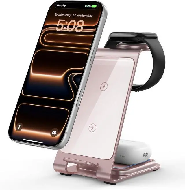 Main image of Intoval Aluminum 3 in 1 Wireless Charging Station for iPhone 17 16 15 14 13 12 11 Pro Max XR, Wireless Charger for Apple Watch 11 10 9 8 7 Ultra SE 3 2, Phone Charger for AirPods 4 Pro 2 3 (Pink)