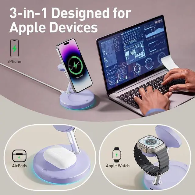 Alt view image 3 of 7 - Adjustable Blue Ambient Light Wireless Charger 3 in 1 for iPhone, Magnetic Charging Station for Apple Family,15W Fast MagSafe Charger Stand,for iPhone17-12-iWatch AirPods Series