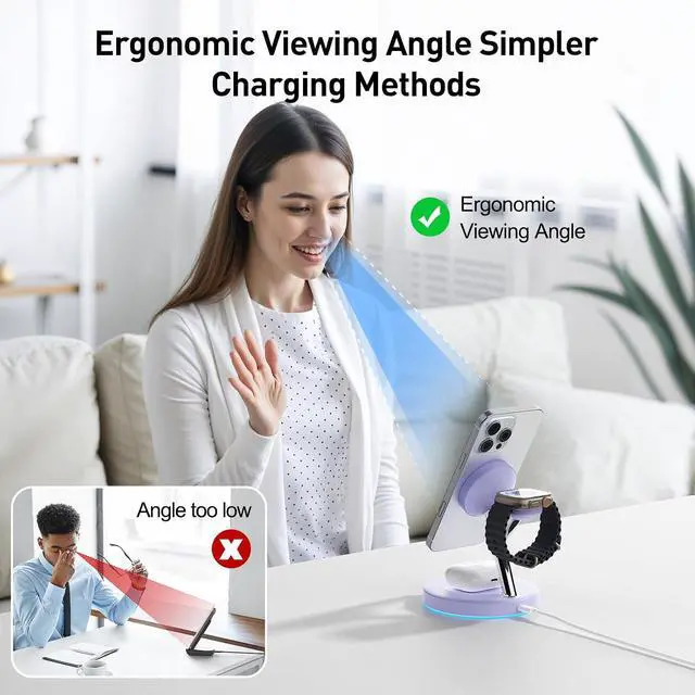 Alt view image 4 of 7 - Adjustable Blue Ambient Light Wireless Charger 3 in 1 for iPhone, Magnetic Charging Station for Apple Family,15W Fast MagSafe Charger Stand,for iPhone17-12-iWatch AirPods Series