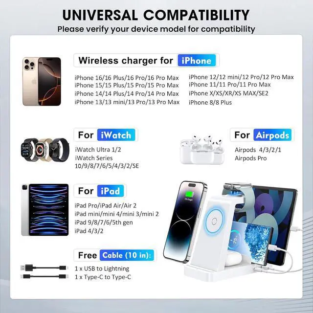 Alt view image 3 of 6 - GAUOLN Wireless Charger for iPhone - 5 in 1 Charging Station for Multiple Devices Apple: Fast Wireless Charging Stand Dock for iPhone 17 16e 16 15 14 13 12 Pro Max Apple Watch Airpods(White)