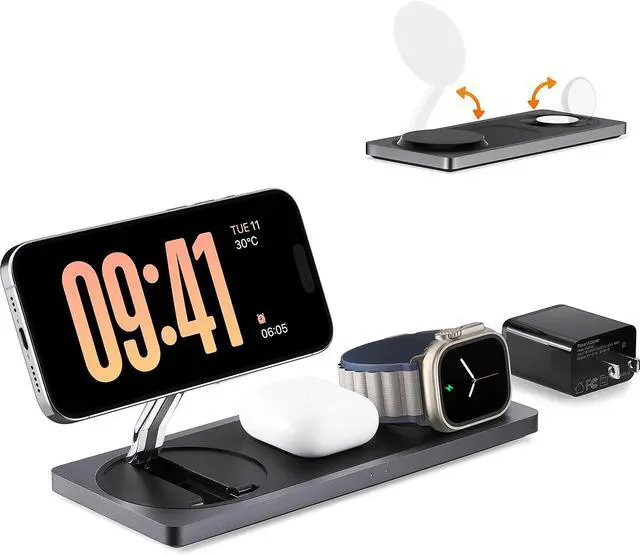 Main image of 3 in 1 Wireless Charging Station for Apple Devices with MagSafe | For iPhone 17/Air/16/15/14/13/12, AirPods & Apple Watch, Foldable Portable Aluminum Charging Stand, Adapter Included