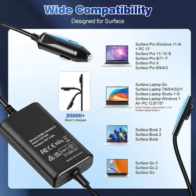 Alt view image 2 of 7 - Surface Pro Laptop Car Charger 65W 15V 4.5A Compatible with Microsoft Surface Pro 11/10/9/8/7+/7/6/5/4/3 Laptop1/2/3/4/5/6/7 Studio Go1/2/3 Book1/2/3 Tablet Car Charger