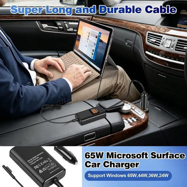 Alt view image 6 of 7 - Surface Pro Laptop Car Charger 65W 15V 4.5A Compatible with Microsoft Surface Pro 11/10/9/8/7+/7/6/5/4/3 Laptop1/2/3/4/5/6/7 Studio Go1/2/3 Book1/2/3 Tablet Car Charger