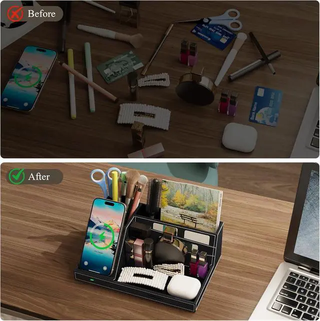Alt view image 2 of 7 - TopMade Wireless Charger Desk Nightstand Organizer, Leather Pen Holder Office Supplies Desk Accessories Fast Charging Station, Remote Control Holder, for iphone Charger Stand Gifts for Men (Black)