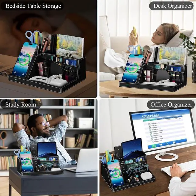 Alt view image 5 of 7 - TopMade Wireless Charger Desk Nightstand Organizer, Leather Pen Holder Office Supplies Desk Accessories Fast Charging Station, Remote Control Holder, for iphone Charger Stand Gifts for Men (Black)