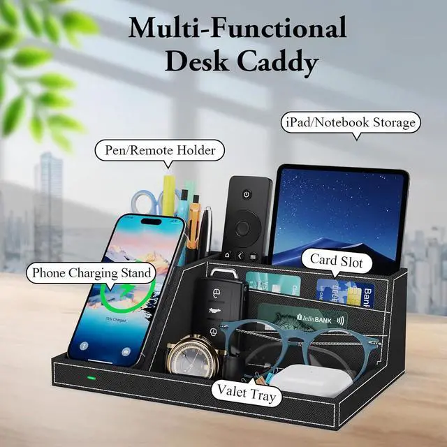 Alt view image 6 of 7 - TopMade Wireless Charger Desk Nightstand Organizer, Leather Pen Holder Office Supplies Desk Accessories Fast Charging Station, Remote Control Holder, for iphone Charger Stand Gifts for Men (Black)