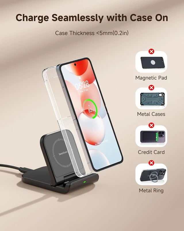 Alt view image 5 of 7 - Foldable Wireless Charging Stand for Galaxy Z Flip 8 & Moto Razr Series | Foldable portable stand, Dual-angle charging, Case compatible, Multi safety guard, LED indicator, SwanScout 501S