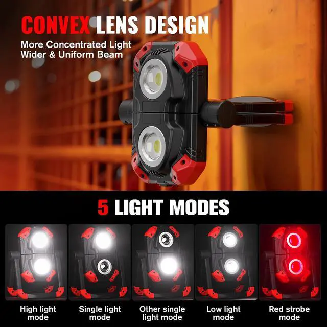 Alt view image 3 of 7 - Adelante Rechargeable Work Lights, 2500LM, Magnetic Base, 360° Stand | 6500K, 5 modes, 4000mAh battery, up to 12 hr runtime, 4-hr USB-C charge, USB-A output, IPX4 water resistance for repairs