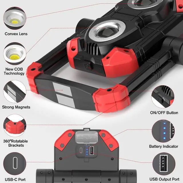 Alt view image 5 of 7 - Adelante Rechargeable Work Lights, 2500LM, Magnetic Base, 360° Stand | 6500K, 5 modes, 4000mAh battery, up to 12 hr runtime, 4-hr USB-C charge, USB-A output, IPX4 water resistance for repairs