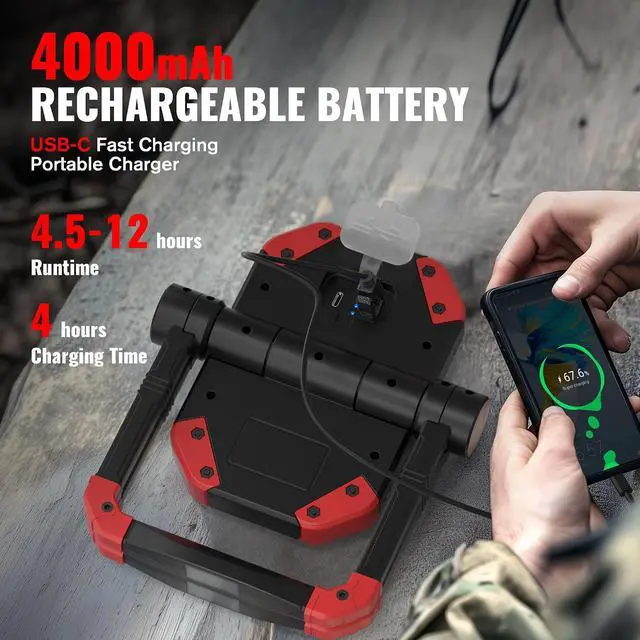 Alt view image 6 of 7 - Adelante Rechargeable Work Lights, 2500LM, Magnetic Base, 360° Stand | 6500K, 5 modes, 4000mAh battery, up to 12 hr runtime, 4-hr USB-C charge, USB-A output, IPX4 water resistance for repairs