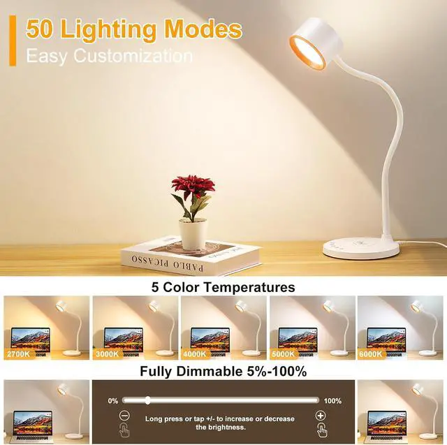Alt view image 2 of 7 - LED Desk Lamps for Home Office with USB Charging Ports Wireless Charger | 5 Colors Dimming Reading Lamp Timer/Memory Touch Bedside Table Lamp for Bedroom College Dorm Room White