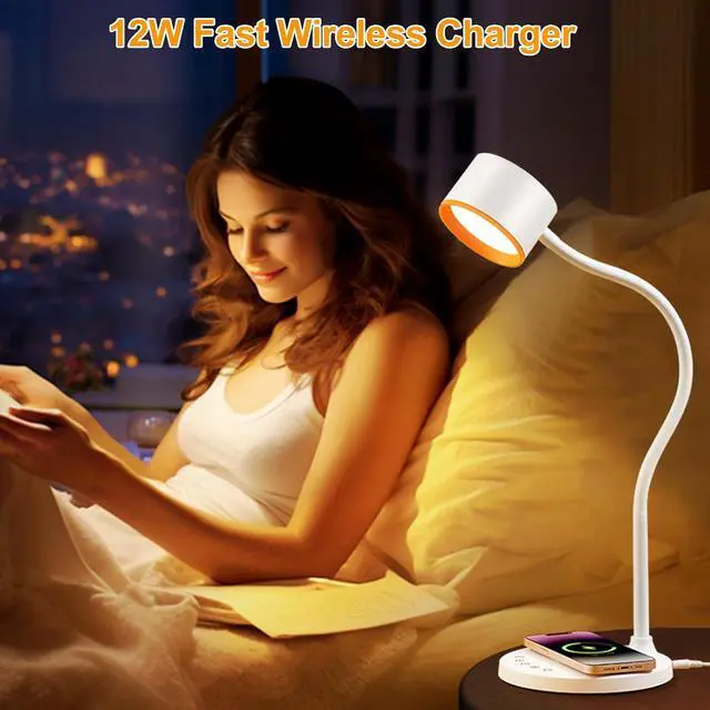 Alt view image 3 of 7 - LED Desk Lamps for Home Office with USB Charging Ports Wireless Charger | 5 Colors Dimming Reading Lamp Timer/Memory Touch Bedside Table Lamp for Bedroom College Dorm Room White