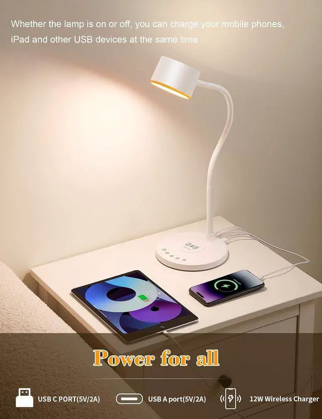 Alt view image 5 of 7 - LED Desk Lamps for Home Office with USB Charging Ports Wireless Charger | 5 Colors Dimming Reading Lamp Timer/Memory Touch Bedside Table Lamp for Bedroom College Dorm Room White