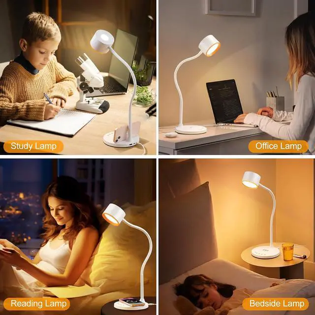 Alt view image 6 of 7 - LED Desk Lamps for Home Office with USB Charging Ports Wireless Charger | 5 Colors Dimming Reading Lamp Timer/Memory Touch Bedside Table Lamp for Bedroom College Dorm Room White