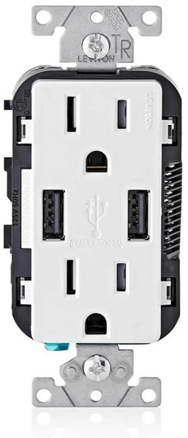 Main image of Leviton Type-A USB in-Wall Charger with 15A Tamper-Resistant Outlet, USB Charger for Smartphones, T5632-W, White