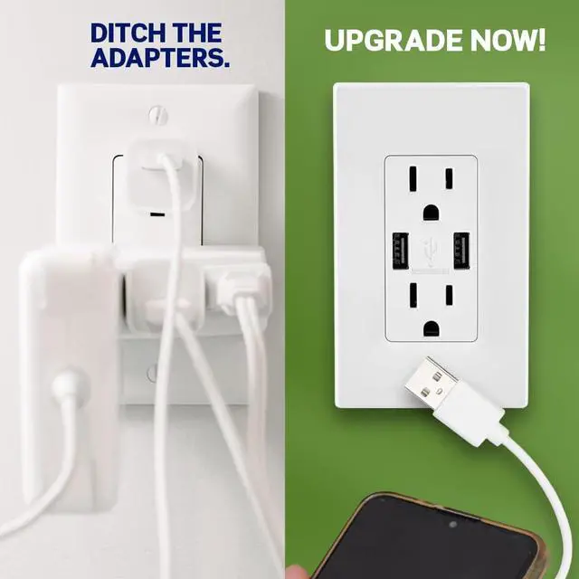 Alt view image 2 of 6 - Leviton Type-A USB in-Wall Charger with 15A Tamper-Resistant Outlet, USB Charger for Smartphones, T5632-W, White