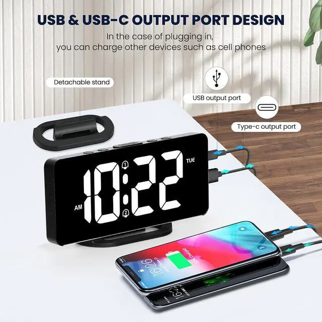 Alt view image 6 of 6 - 7" Slim Digital Alarm Clock with Colorful Night Light,Black | LED Large Display,Volume/Color Adjustable, USB-C Charger Port, 12/24H, Bedroom Decor