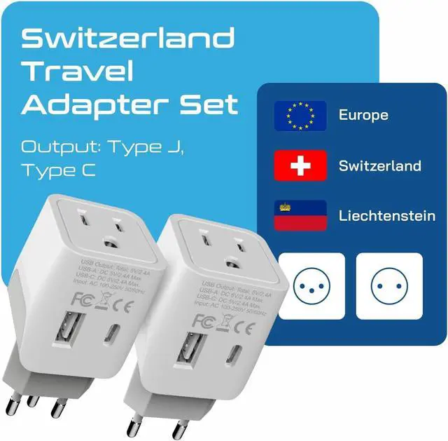 Alt view image 2 of 7 - Ceptics Switzerland Travel Plug Set - with 2 USB + USA Socket Input - Type J and Type C- Ultra Compact - Safe Grounded Perfect for Cell Phones, Laptops, Camera Chargers