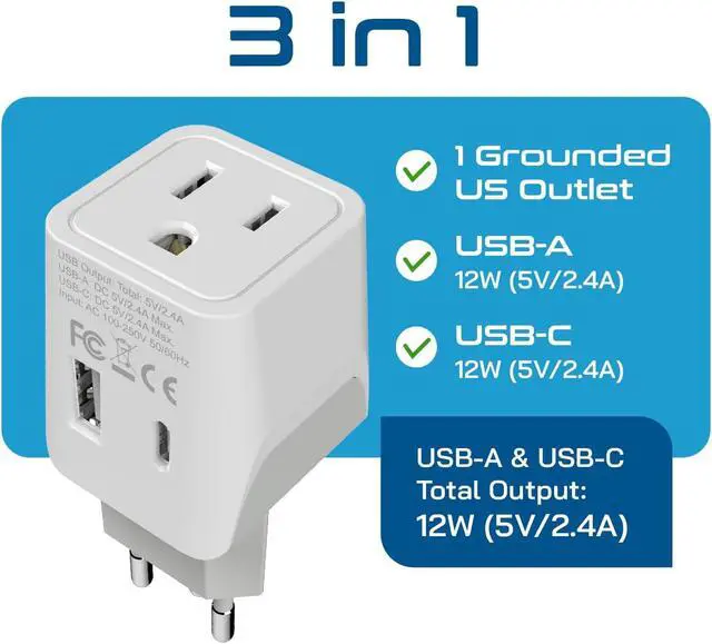 Alt view image 3 of 7 - Ceptics Switzerland Travel Plug Set - with 2 USB + USA Socket Input - Type J and Type C- Ultra Compact - Safe Grounded Perfect for Cell Phones, Laptops, Camera Chargers