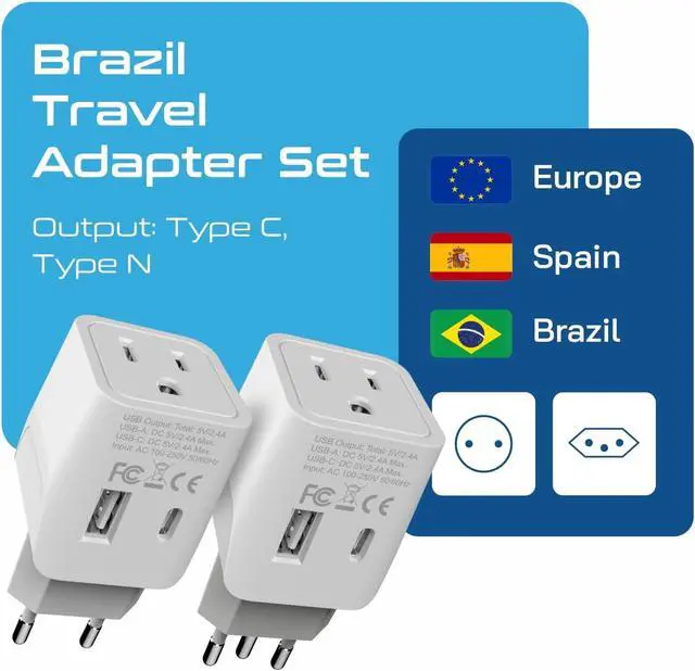 Alt view image 2 of 7 - Ceptics Brazil Travel Plug Set - with USB-A + USB-C + USA Socket Input - Type C and Type N- Ultra Compact - Safe Grounded Perfect for Cell Phones, Laptops, Camera Chargers