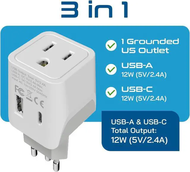 Alt view image 3 of 7 - Ceptics Brazil Travel Plug Set - with USB-A + USB-C + USA Socket Input - Type C and Type N- Ultra Compact - Safe Grounded Perfect for Cell Phones, Laptops, Camera Chargers