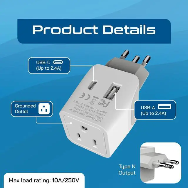 Alt view image 4 of 7 - Ceptics Brazil Travel Plug Set - with USB-A + USB-C + USA Socket Input - Type C and Type N- Ultra Compact - Safe Grounded Perfect for Cell Phones, Laptops, Camera Chargers
