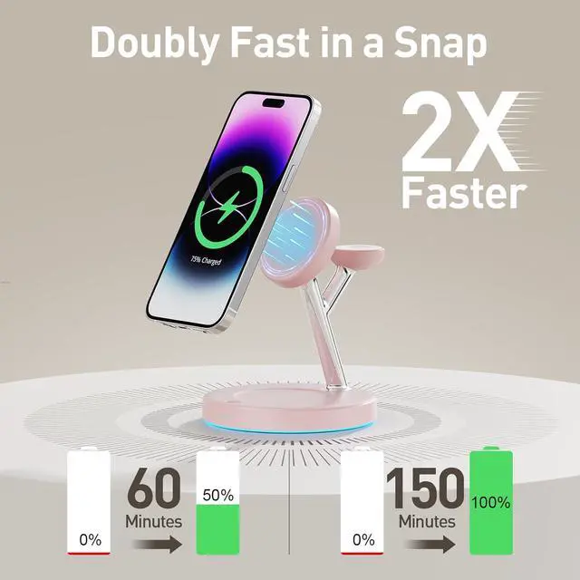 Alt view image 2 of 7 - 3 in 1 MagSafe Wireless Charger Stand for iPhone Apple Watch AirPods | Adjustable Blue Ambient Light,15W Magnetic Charging Station for iPhone 17 16 15 14 13 12 Series Wireless Charging Station