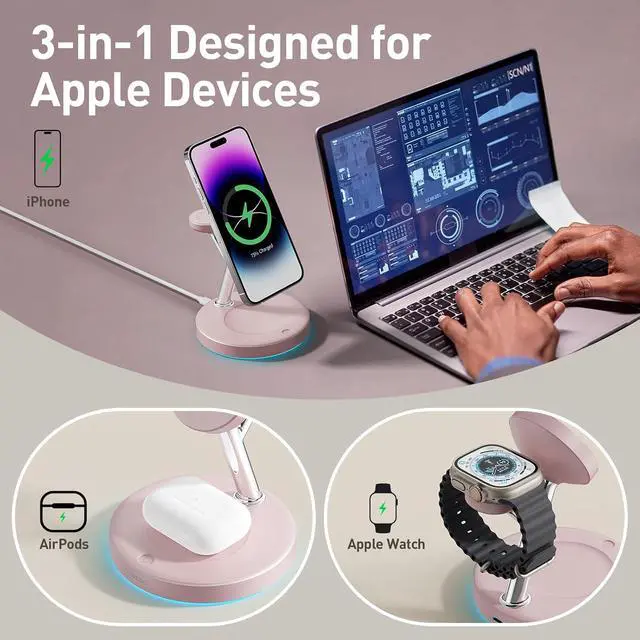 Alt view image 3 of 7 - 3 in 1 MagSafe Wireless Charger Stand for iPhone Apple Watch AirPods | Adjustable Blue Ambient Light,15W Magnetic Charging Station for iPhone 17 16 15 14 13 12 Series Wireless Charging Station