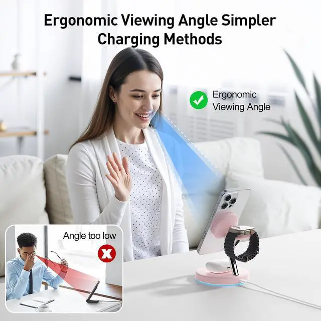 Alt view image 4 of 7 - 3 in 1 MagSafe Wireless Charger Stand for iPhone Apple Watch AirPods | Adjustable Blue Ambient Light,15W Magnetic Charging Station for iPhone 17 16 15 14 13 12 Series Wireless Charging Station