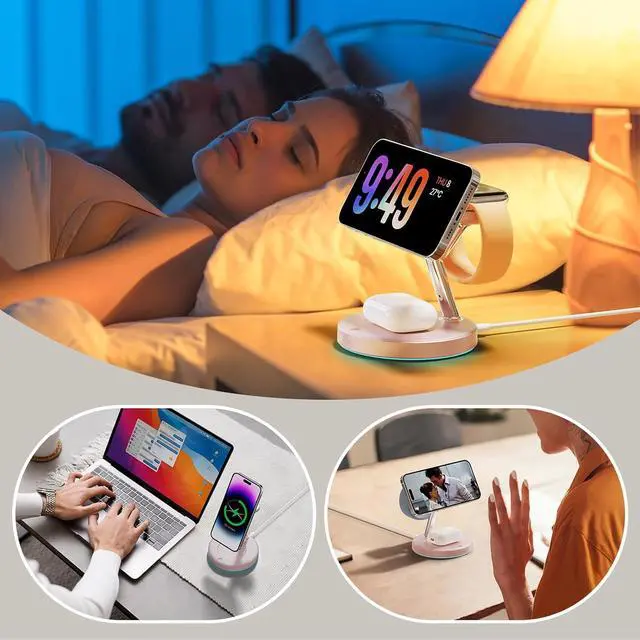 Alt view image 7 of 7 - 3 in 1 MagSafe Wireless Charger Stand for iPhone Apple Watch AirPods | Adjustable Blue Ambient Light,15W Magnetic Charging Station for iPhone 17 16 15 14 13 12 Series Wireless Charging Station