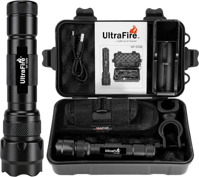 Main image of ULTRAFIRE WF-502B LED Tactical Flashlight, 5 Modes 1000 High Lumens Flashlight Torch with Duty Belt Flashlight Holster, Bicycle Mount, USB Charger