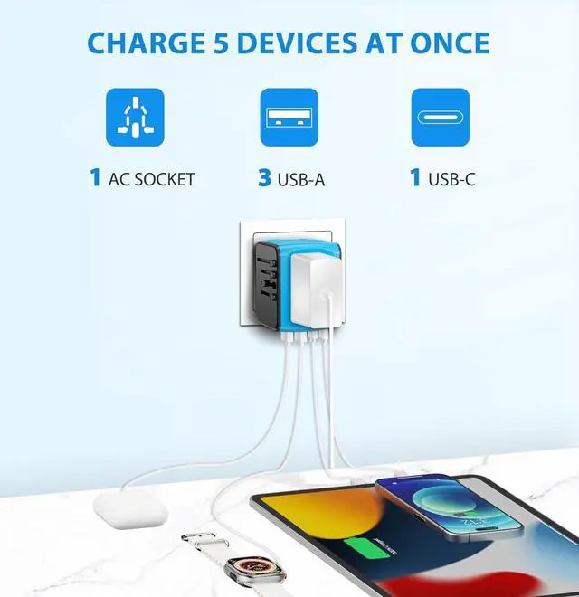 Alt view image 3 of 7 - Universal International Travel Power Adapter, All in One Wall Charger with High Speed 2.4A 3xUSB, 3.0A Type-C, European Adapter, Worldwide AC Outlet Plugs for UK, CA, EU, AU, Asia (Blue)