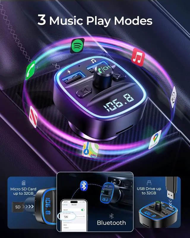 Alt view image 4 of 7 - LENCENT FM Transmitter, Bluetooth FM Transmitter Wireless Radio Adapter Car | Dual USB Charging, Audio Receiver Car Charger MP3 Player, Support Hands-Free Calling, TF Card & USB Disk