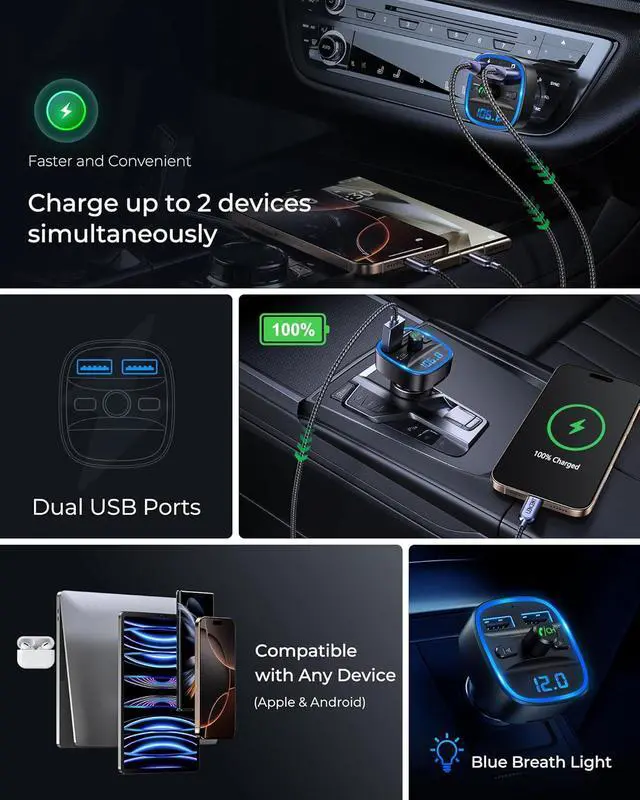 Alt view image 5 of 7 - LENCENT FM Transmitter, Bluetooth FM Transmitter Wireless Radio Adapter Car | Dual USB Charging, Audio Receiver Car Charger MP3 Player, Support Hands-Free Calling, TF Card & USB Disk