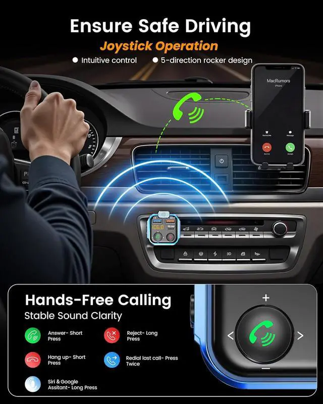 Alt view image 2 of 7 - LENCENT FM Transmitter in-Car Adapter, Wireless Bluetooth 5.3 Radio Car Kit | Type-C PD 20W+ QC3.0 Fast USB Charger, Hands-Free Calling, MP3 Player Receiver Hi Fi Bass, Support U Disk