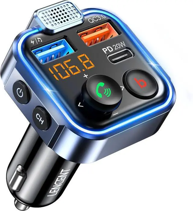 Main image of LENCENT FM Transmitter in-Car Adapter, Wireless Bluetooth 5.3 Radio Car Kit | Type-C PD 20W+ QC3.0 Fast USB Charger, Hands-Free Calling, MP3 Player Receiver Hi Fi Bass, Support U Disk