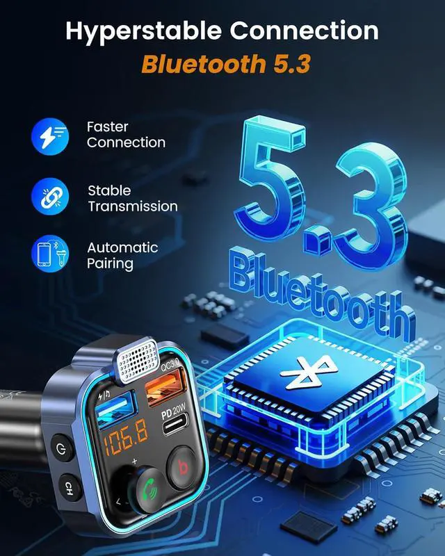 Alt view image 4 of 7 - LENCENT FM Transmitter in-Car Adapter, Wireless Bluetooth 5.3 Radio Car Kit | Type-C PD 20W+ QC3.0 Fast USB Charger, Hands-Free Calling, MP3 Player Receiver Hi Fi Bass, Support U Disk