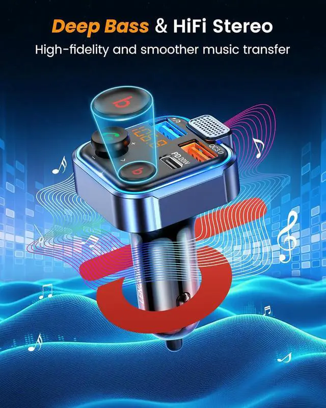 Alt view image 3 of 7 - LENCENT FM Transmitter in-Car Adapter, Wireless Bluetooth 5.3 Radio Car Kit | Type-C PD 20W+ QC3.0 Fast USB Charger, Hands-Free Calling, MP3 Player Receiver Hi Fi Bass, Support U Disk