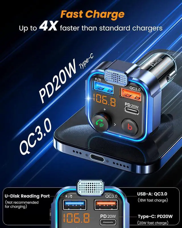 Alt view image 5 of 7 - LENCENT FM Transmitter in-Car Adapter, Wireless Bluetooth 5.3 Radio Car Kit | Type-C PD 20W+ QC3.0 Fast USB Charger, Hands-Free Calling, MP3 Player Receiver Hi Fi Bass, Support U Disk