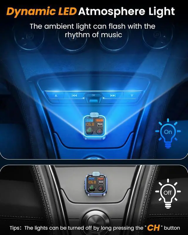 Alt view image 6 of 7 - LENCENT FM Transmitter in-Car Adapter, Wireless Bluetooth 5.3 Radio Car Kit | Type-C PD 20W+ QC3.0 Fast USB Charger, Hands-Free Calling, MP3 Player Receiver Hi Fi Bass, Support U Disk