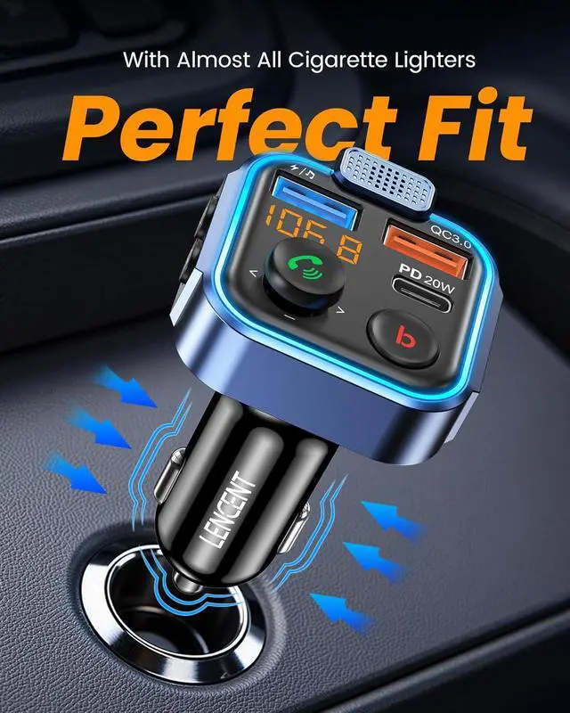 Alt view image 7 of 7 - LENCENT FM Transmitter in-Car Adapter, Wireless Bluetooth 5.3 Radio Car Kit | Type-C PD 20W+ QC3.0 Fast USB Charger, Hands-Free Calling, MP3 Player Receiver Hi Fi Bass, Support U Disk