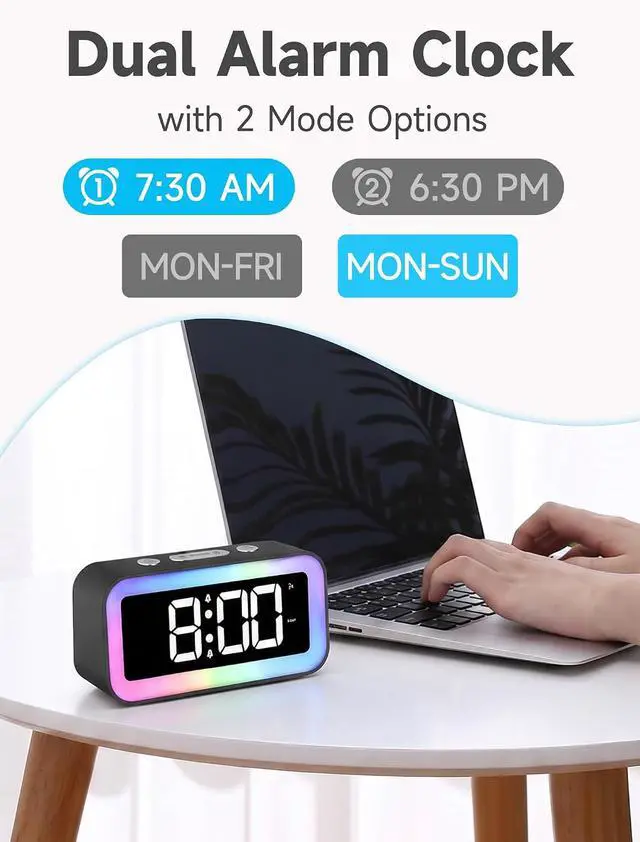 Alt view image 4 of 6 - Cadmos Loud Alarm Clock for Bedrooms with Dynamic RGB Night Light,Heavy Sleepers Adults,Dual Alarm,Dimmer,USB Charger,Small Bedside Digital Clock with LED Display for Kids,Teens,Seniors (Black)