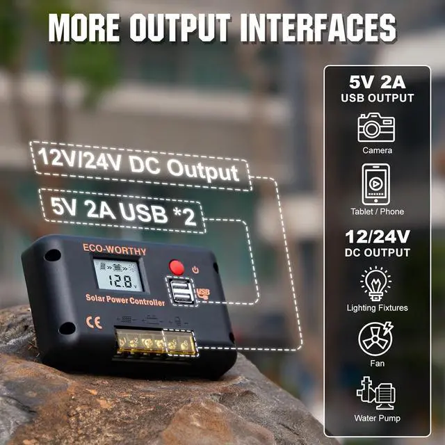 Alt view image 2 of 7 - ECO-WORTHY 30A 12/24V PWM Solar Charger Controller with Bluetooth | Solar Panel Battery Intelligent Regulator with Dual USB Ports Auto,Negative Ground for 12V/24V Lithium,Lead-Acid,Gel Battery