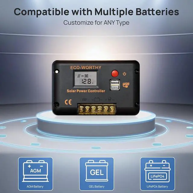Alt view image 4 of 7 - ECO-WORTHY 30A 12/24V PWM Solar Charger Controller with Bluetooth | Solar Panel Battery Intelligent Regulator with Dual USB Ports Auto,Negative Ground for 12V/24V Lithium,Lead-Acid,Gel Battery